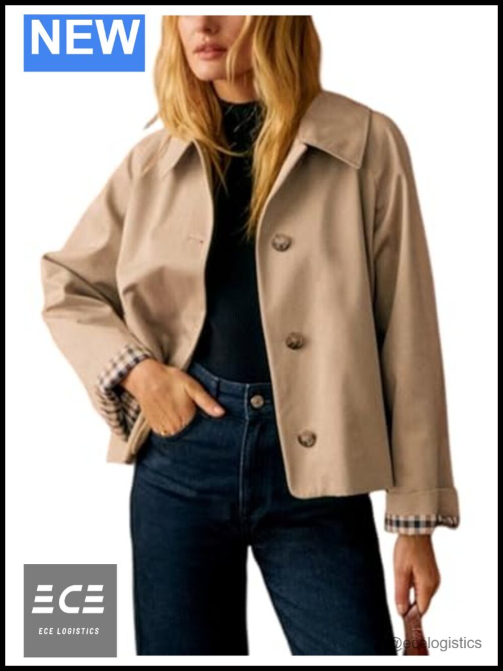 Oversize Trench Coat Plaid Lining Button Down Cropped Casual Jacket